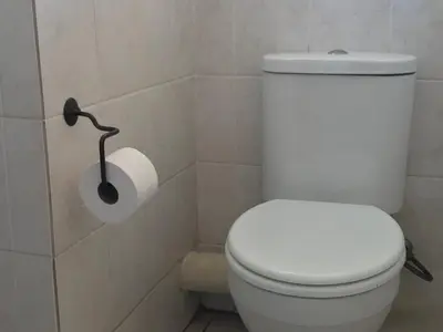 a bathroom with a toilet with a roll of toilet paper at Studio Eazi in Midrand