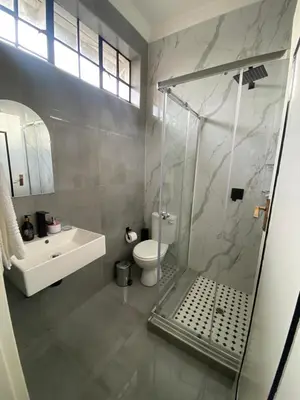 a bathroom with a shower and a toilet and a sink at Ditoro Boutique Hotel in Pretoria