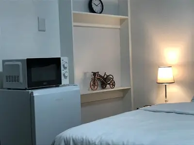 a bedroom with a bed and a tv on a refrigerator at The Affectionate One in Louis Trichardt