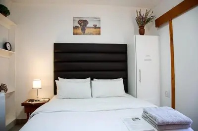 a bedroom with a large white bed with a black headboard at The Affectionate One in Louis Trichardt