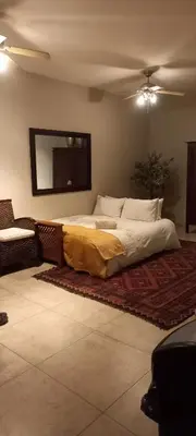 a bedroom with a large bed with a large mirror at Lake house retreat in Haenertsburg