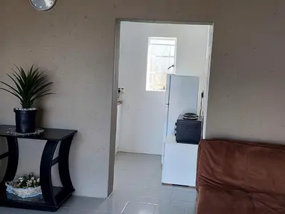 a kitchen with a refrigerator and a table with a plant at 46 Charles Bed and Breakfast in Tierpoort