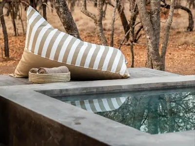 a pillow and a basket sitting next to a swimming pool at Minara Private Boutique Game Lodge in Dinokeng Game Reserve