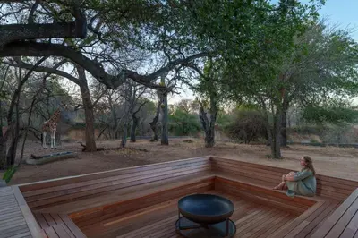a woman sitting on a deck with a chair and a giraffe at Nomads Den Safari Villas - Heated Pools and Riverbed views in Hoedspruit