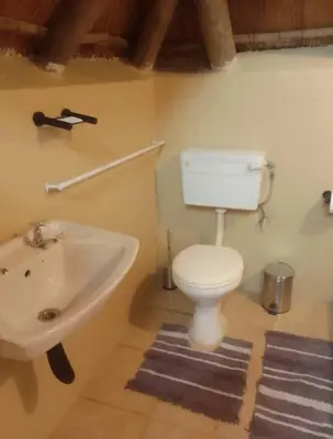 a bathroom with a white toilet and a sink at Bushveld Bliss in Marloth Park