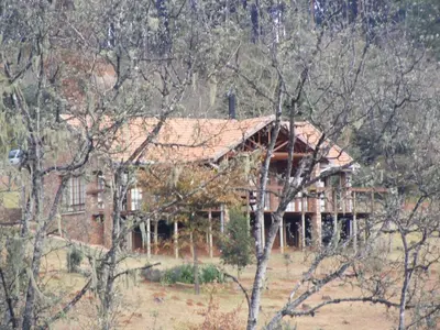 a large house is seen through the trees at Cheerio Trout Fishing & Holiday Resort in Haenertsburg