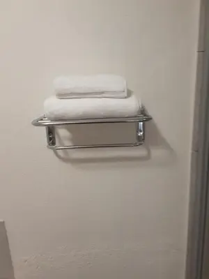 two towels are on a towel rack in a bathroom at Khubonye Royal Guesthouse in Randjesfontein