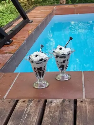 two martinis sitting on a table next to a pool at Hout Huisie in Marloth Park