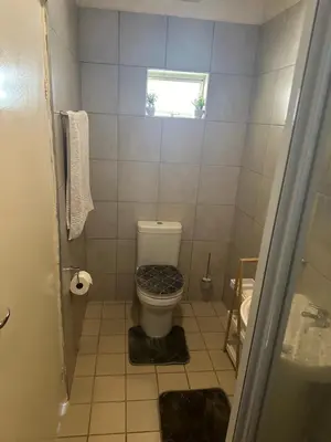 a small bathroom with a toilet and a window at Relax in Nature Cottage Close to OR Tambo International Airport in Kempton Park