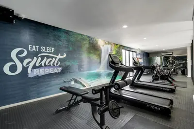 a gym with a waterfall mural on the wall at Smartz Apartment312 in Midrand