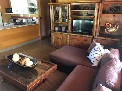 a living room with a couch and a tv at Golf View Guest House in Musina