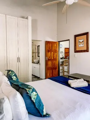 a bedroom with a large bed with blue pillows at Escape@Butterfly in Marloth Park