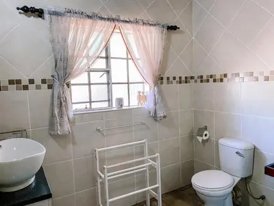a bathroom with a toilet and a sink and a window at Escape@Butterfly in Marloth Park