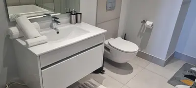 a bathroom with a white sink and a toilet at Ellipse Waterfall City Luxury Apartment - Bigger Apartment than Most - Middle floor in Midrand