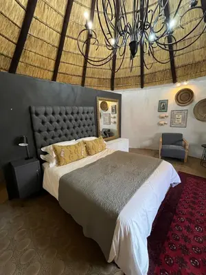 a bedroom with a large bed and a chandelier at Armonia in Ermelo