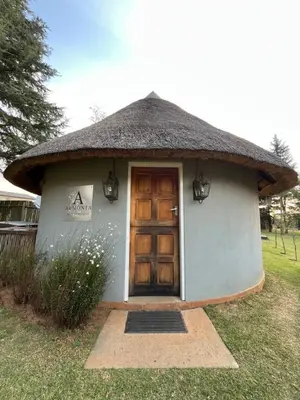 a small hut with a thatched roof and a door at Armonia in Ermelo