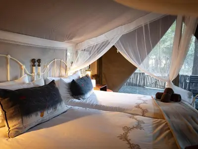 a bedroom with a canopy bed with teddy bears on it at KwaMbili Game Lodge in Thornybush Game Reserve