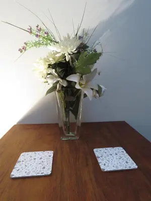 a vase of flowers sitting on a table with two scales at Parksig Self Catering in Musina