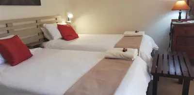 two beds in a hotel room with red pillows at Parksig Self Catering in Musina