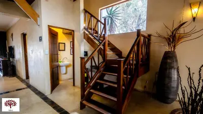 a wooden spiral staircase in a room with a window at Zebula Golf and Wildlife Estate - The Milky Way Pax 12 - Moi Signature Luxury villa in Mabula