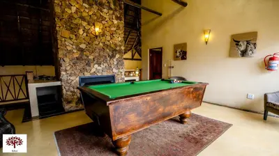 a room with a pool table and a stone wall at Zebula Golf and Wildlife Estate - The Milky Way Pax 12 - Moi Signature Luxury villa in Mabula