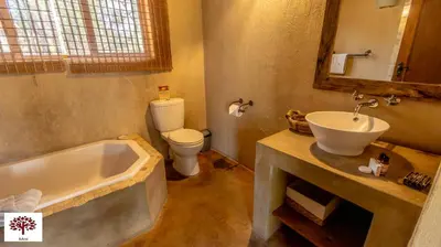 a bathroom with a tub and a toilet and a sink at Zebula Golf and Wildlife Estate - Porcupine Strolling Pax 8 - Moi Signature Luxury villa in Mabula