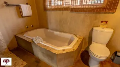 a bathroom with a toilet and a bath tub at Zebula Golf and Wildlife Estate - Porcupine Strolling Pax 8 - Moi Signature Luxury villa in Mabula