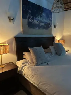 a bed with two lamps and a painting on the wall at Halali Wilderness Private Game Ranch in Hammanskraal