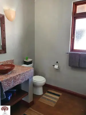 a bathroom with a toilet and a sink and a window at Zebula Golf and Wildlife Estate - Kudu's Bark Pax 12 - Moi Signature Luxury villa in Mabula