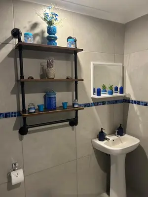 a bathroom with a sink and a toilet and shelves at Villa La Sola B&B and Self-Catering in Boksburg