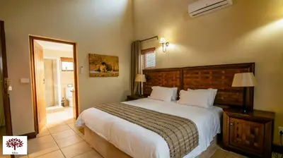 a bedroom with a large bed and a mirror at Zebula Golf and Wildlife Estate - Open Plains Pax 10 - Moi Signature Luxury villa in Mabula