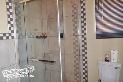 a shower with a glass door next to a toilet at Misty View Apartments in Dullstroom