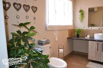 a bathroom with a toilet and a plant in it at Misty View Apartments in Dullstroom