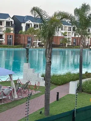 a palm tree in front of a swimming pool at Lagoon facing The Blyde in Pretoria