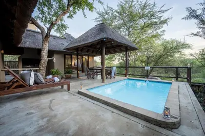 an outdoor swimming pool with a gazebo at Raptors Lodge in Hoedspruit