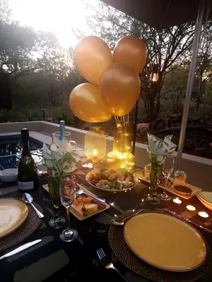 a table with balloons and plates of food and wine at Bee-Eater Cottage in Hoedspruit