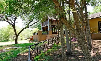 a house in the middle of a forest with trees at Kruger River Holiday Home in Marloth Park
