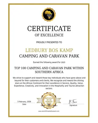 a certificate of excellence with a gold crest on a white background at 5 Sleeper Bushcamp Chalet Hartbeespoort in Hartbeespoort