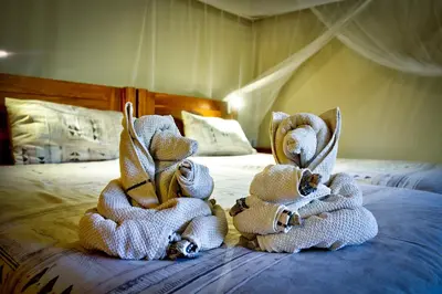 two towels are sitting on a bed at Kubu Safari Lodge in Hoedspruit