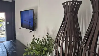 a vase sitting in a living room with a plant at 44 on Ennis Guest Lodge and Restaurant - in Ermelo