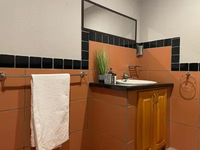 a bathroom with a sink and a mirror at Betel in White River