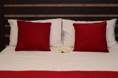 a bed with two red pillows and two flowers on it at GLESTER GUEST HOUSE in Pretoria