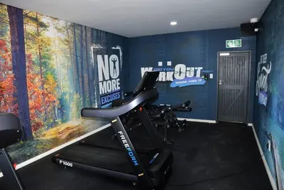a room with a gym with a treadmill and a painting at ELcaro Luxury Villas-The Cave in Midrand