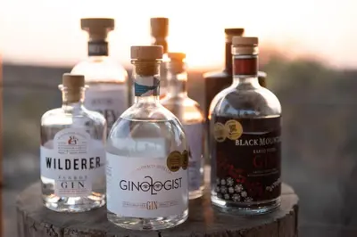 a group of four bottles of whiskey sitting on a table at Sausage Tree Safari Camp in Balule Game Reserve