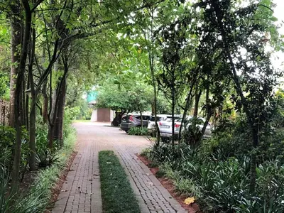 a brick path with trees and cars parked on a street at Ambience Inn in White River