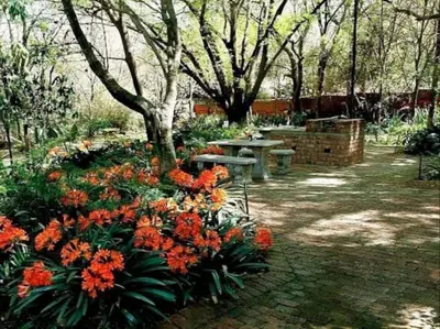 a garden with orange flowers and a picnic table at Lapalosa Lodge in Centurion