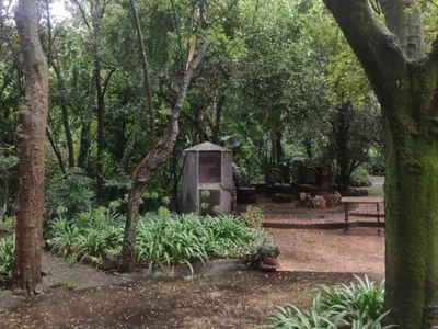 a park with a bench and plants and trees at Lapalosa Lodge in Centurion
