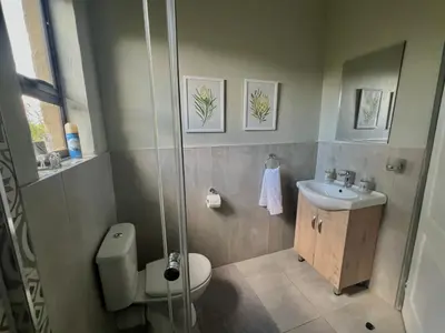 a bathroom with a shower and a toilet and a sink at The Cozy Nook @ Skyfall Country Estate in Polokwane