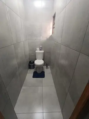 a bathroom with a toilet and a tiled wall at Clyde's on Dale Guest House in Springs