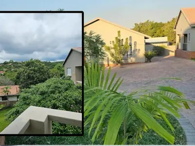 two pictures of a house and a bench in a yard at Vaendzi Lodge in Nelspruit